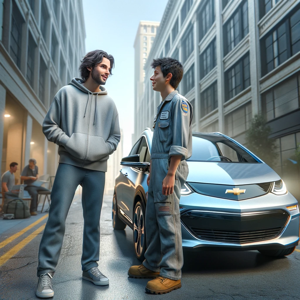 DALL·E 2024-01-05 13.43.05 - A more natural, photorealistic image of Ethan Parker and a driver, in an urban setting, appearing as if they are discussing the Chevy Bolt EV next to 